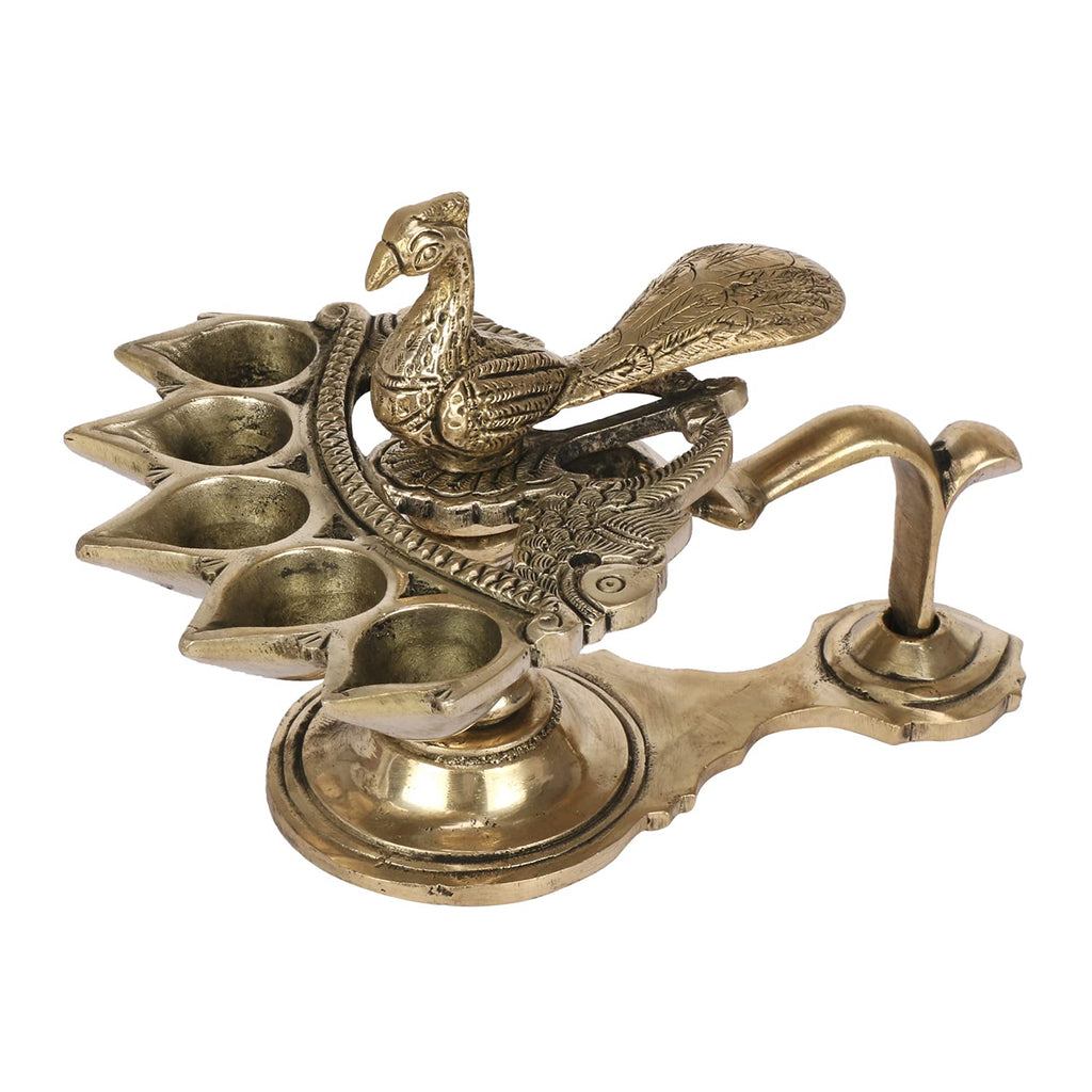 Artvarko Peacock Aarti Diya with Handle Brass Decorative Puja Accessory, Five Face Camphor Burner lamp Panch Aarti for Navratra, Diwali Gifts 7 Inch .