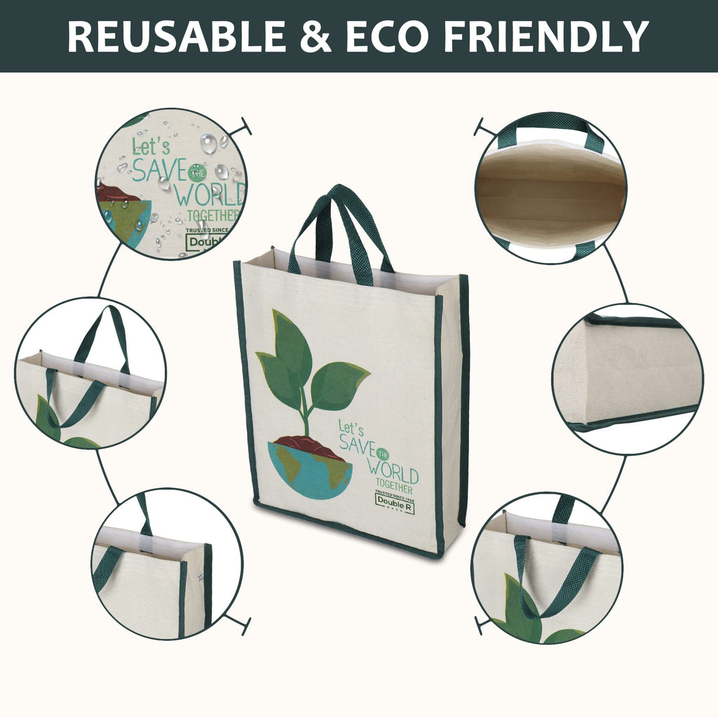DOUBLE R BAGS Eco-Friendly, Reusable & Multi-Purpose Cotton Canvas Bag With Reinforced Handles For Kitchen Essentials Grocery, Fruits And Vegetables (Letsave-01, Pack Of 1)