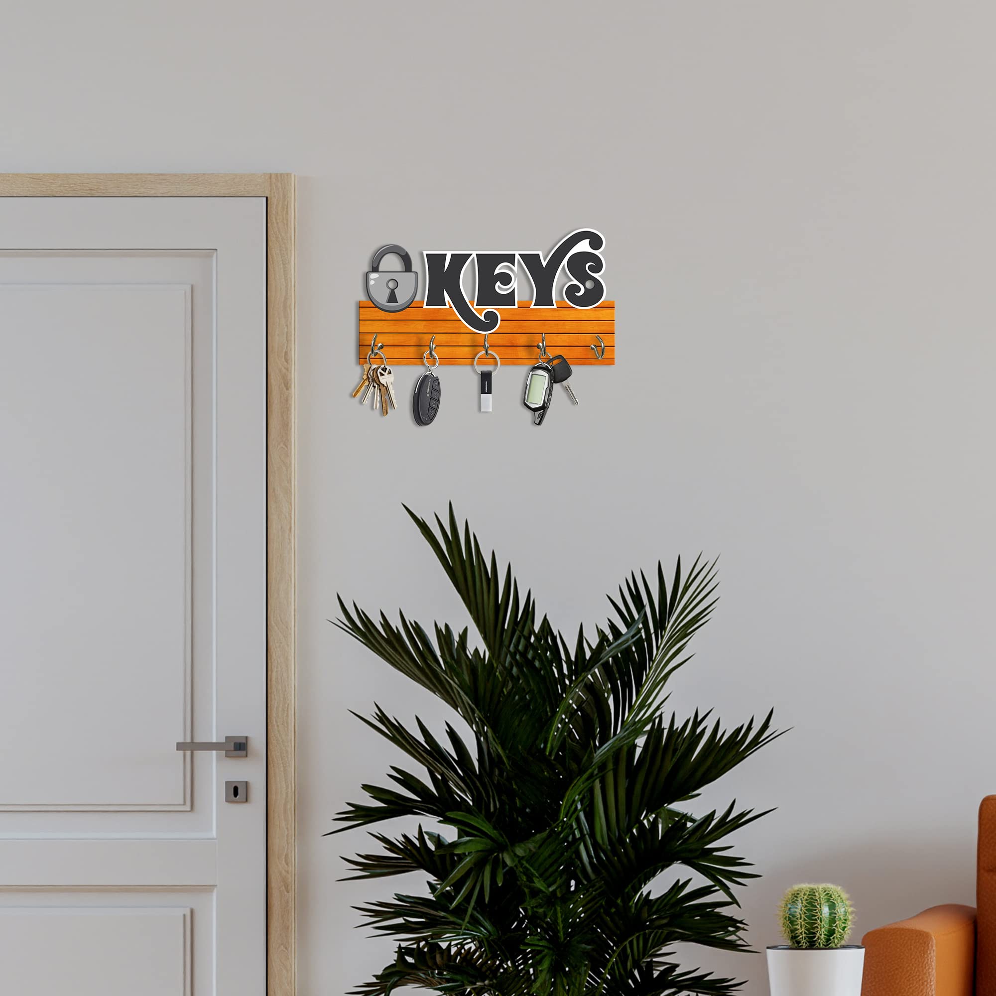 Artvibes Unique Stylish Wooden Key Holder for Wall Decor with Stylish Stainless Steel 5 Hooks Beautiful Key Organizer for Home Decoration(KH_811), Brown