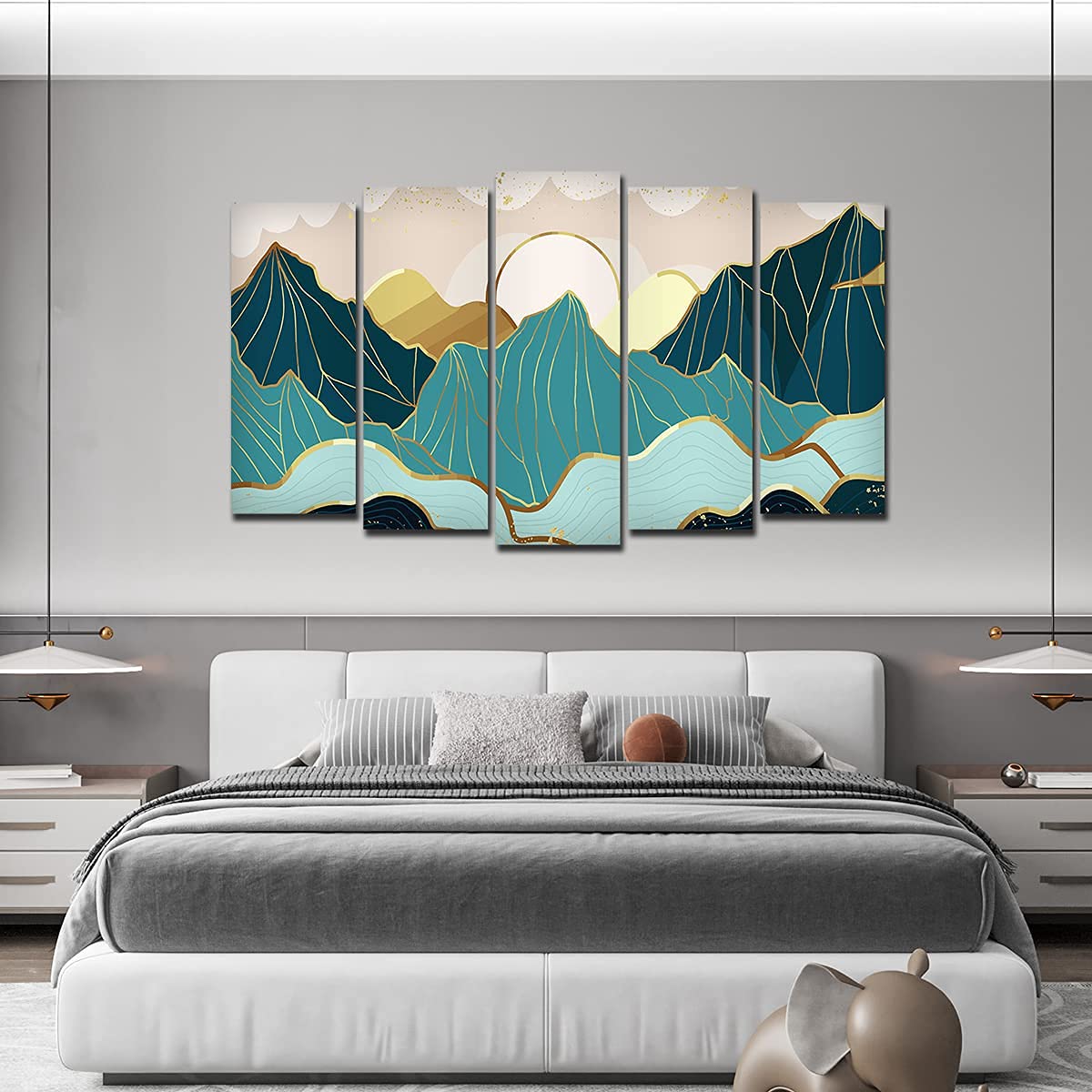 VIBECRAFTS Abstract Mountains with Sunrise Background 5 Pieces Canvas Wall Painting For Home|Office|Living Room|Gift (PTVC5Pcs2_6503)