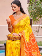 SUTRITI STYLE SOUL Pochampally Silk Saree for Women with Ikat Design, Printed Pallu, Traditional Soft Silk with Blouse Piece, Festive Wedding Ethnic Sari (Yellow)