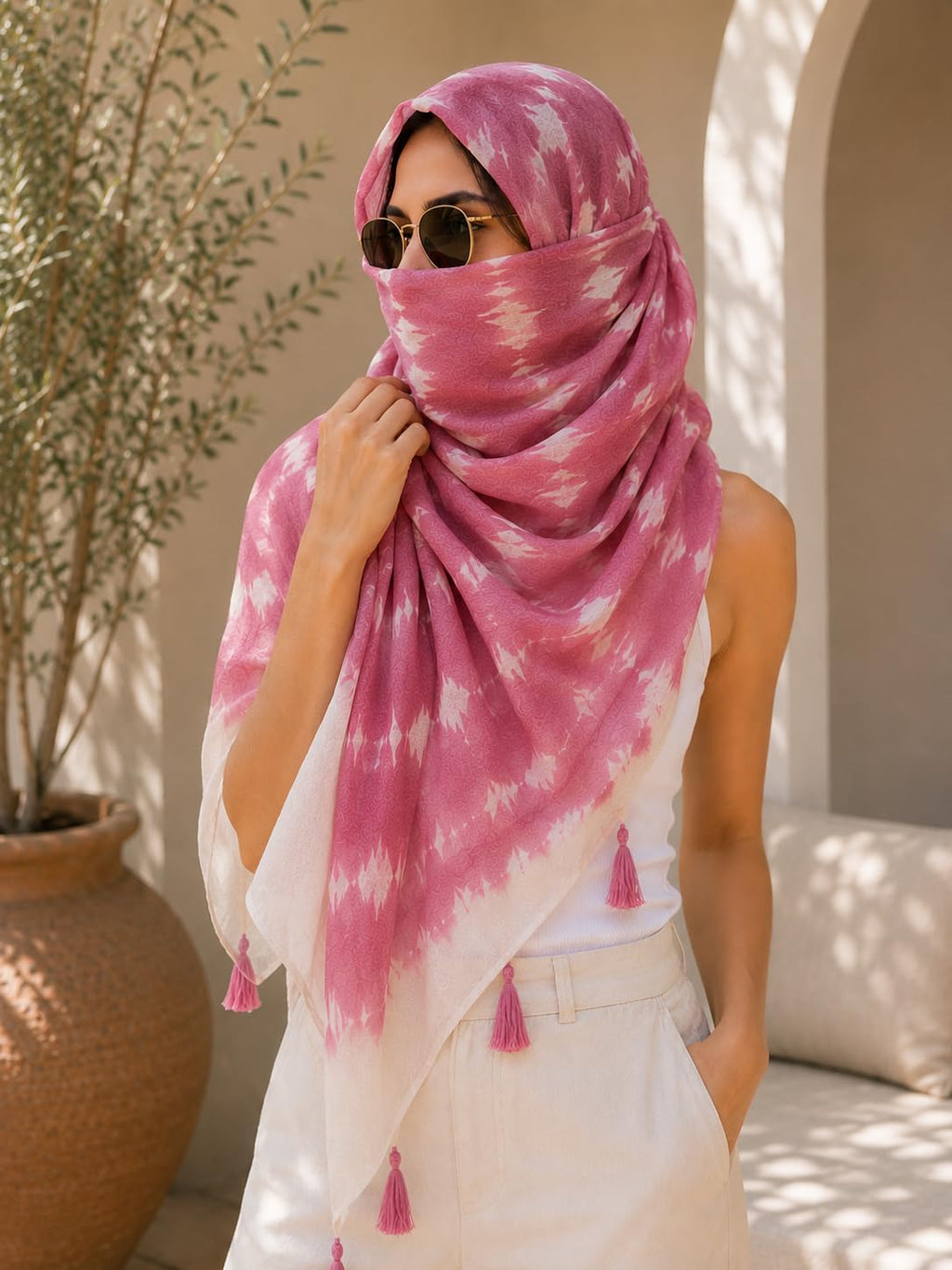 ESTA Women Scarf|Stole For Women|Scarf For Women Stylish|Stall For Women|Modern chic Face Cover Head Wrap |Tie-Dye Ombre Printed Tassel Stole pink.whte color|180x50cm