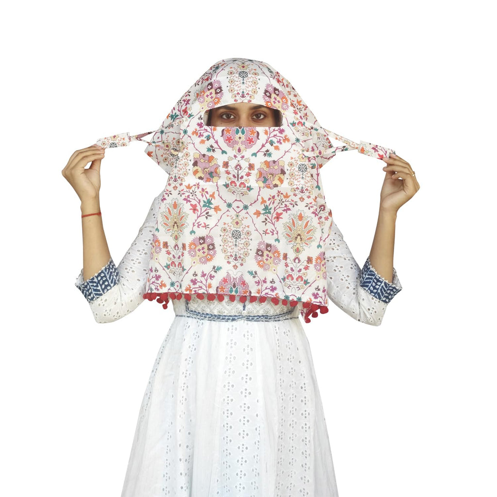 Switchon Scarf Hijab Rayon Printed fancy scarf for women Size Adjustable -Hook loop tape (White_Multi)