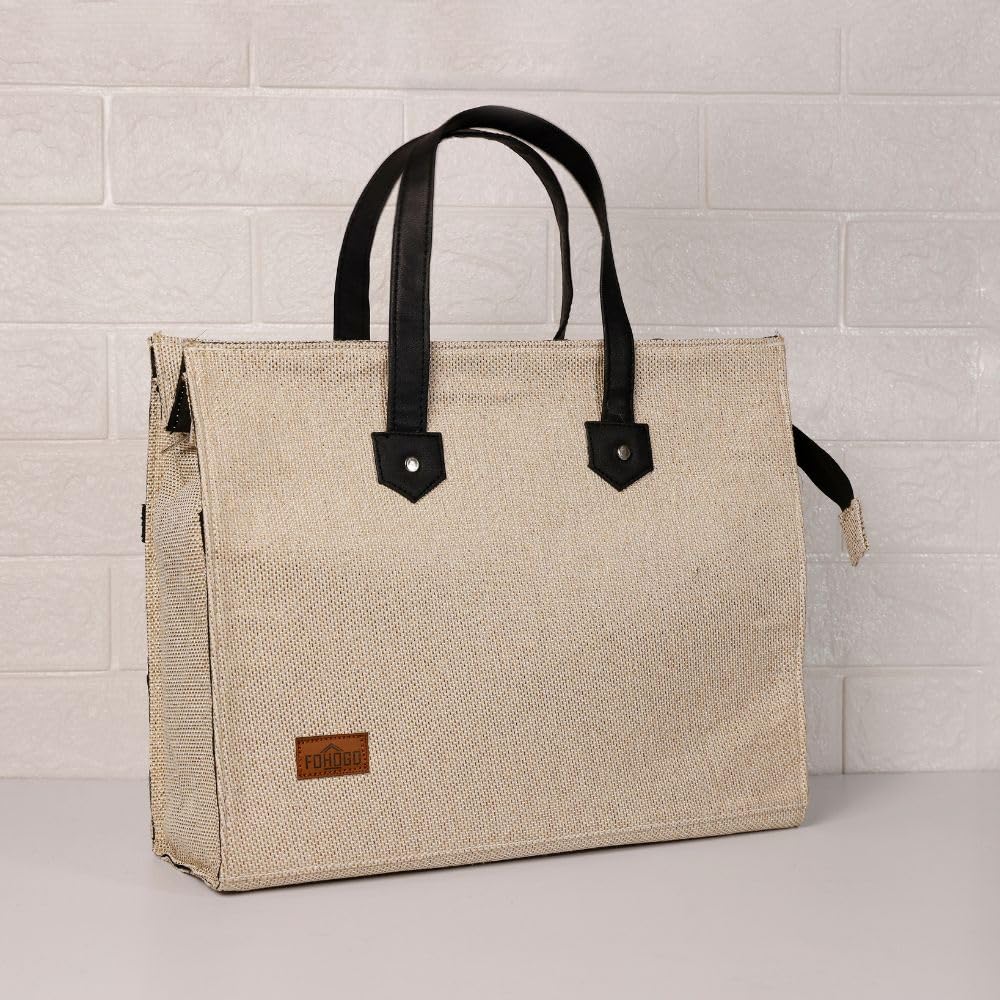 FOHOGO Jute Bag for Unisex | Lunch Bag/Tiffin Bag/Carry Bag/Jute Bag | Tote Bag for office (Beige, Medium (14”x11”x5”))