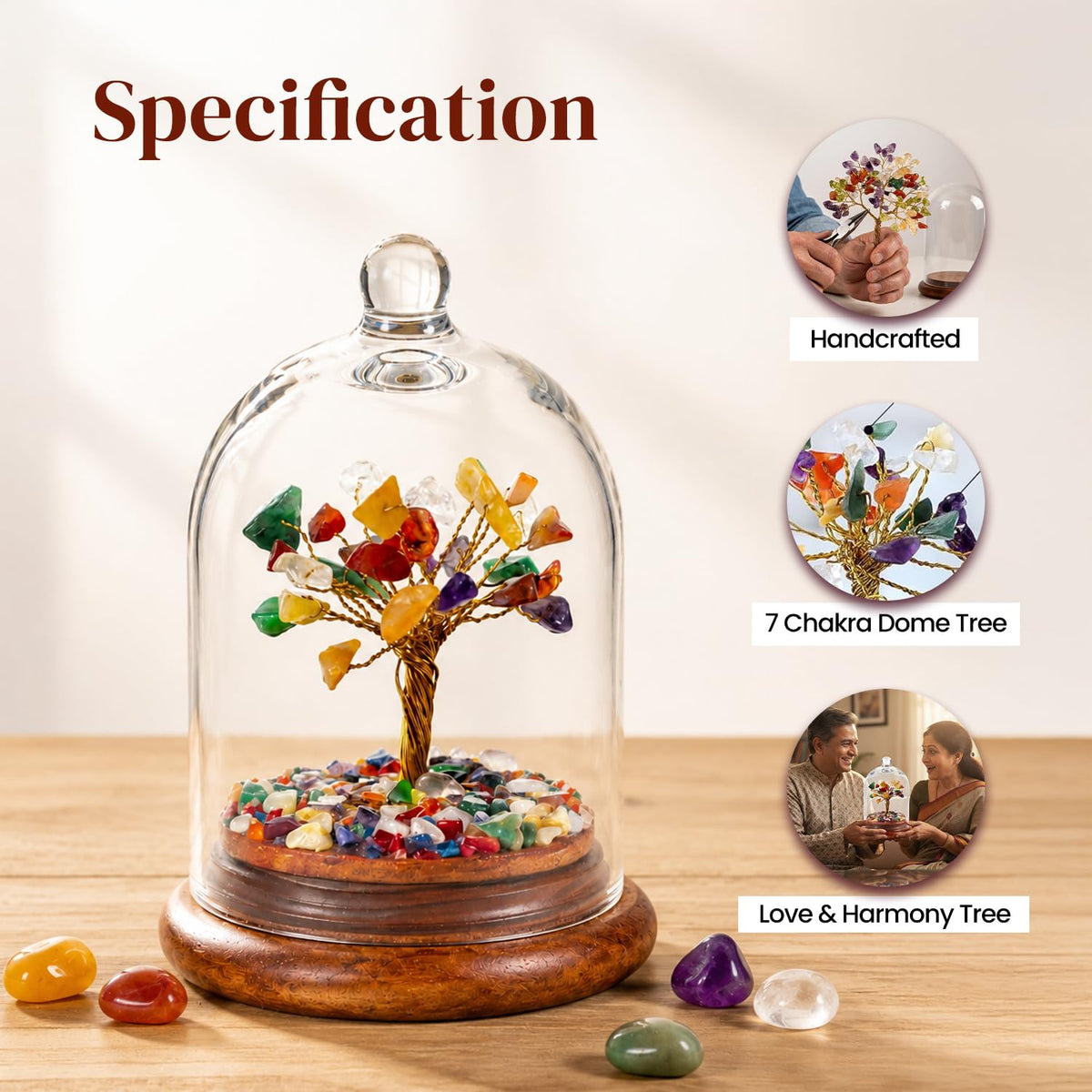 BhagyaG 7 Chakra Crystal Tree with Glass Dome & Wooden Base | 7 Chakra Gemstone Tree Showpiece for Home, Office, Meditation & Décor | Handmade Healing Crystal Gift