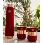 INDIAN ART VILLA Copper Bottle & Glass Set - 800 ml Water Bottle & 2 Glasses (300 ml Each) with Red Pyramid Ombre Silk Finish, Perfect for Gifting & Everyday Use