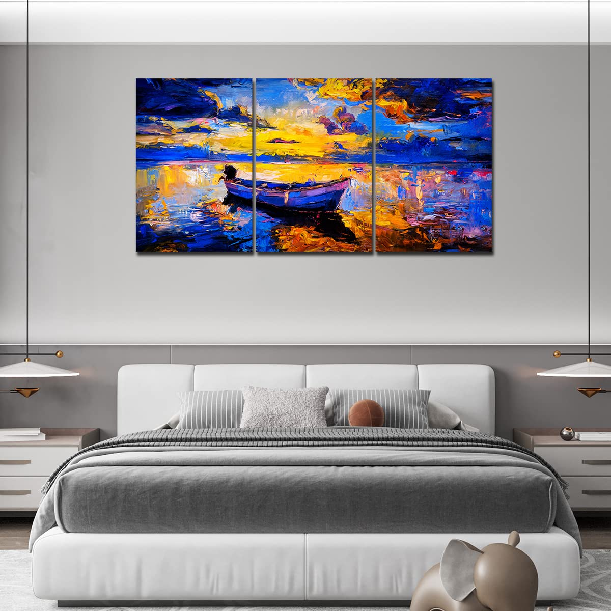 VIBECRAFTS 3 Pieces Sky Sunset And Boat On The Water Canvas Wall Painting Fitted With Wooden Frame For Home | Office | Living Room | Gifts(PTVC3Pcs3_11505)