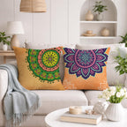 STITCHNEST Set of 2 Gajraj Folk Art Collection Printed Jute Cushion Covers 16x16 Inches | Decorative Throw Pillow Covers for Sofa, Living Room, Bedroom | Perfect for Home Decor
