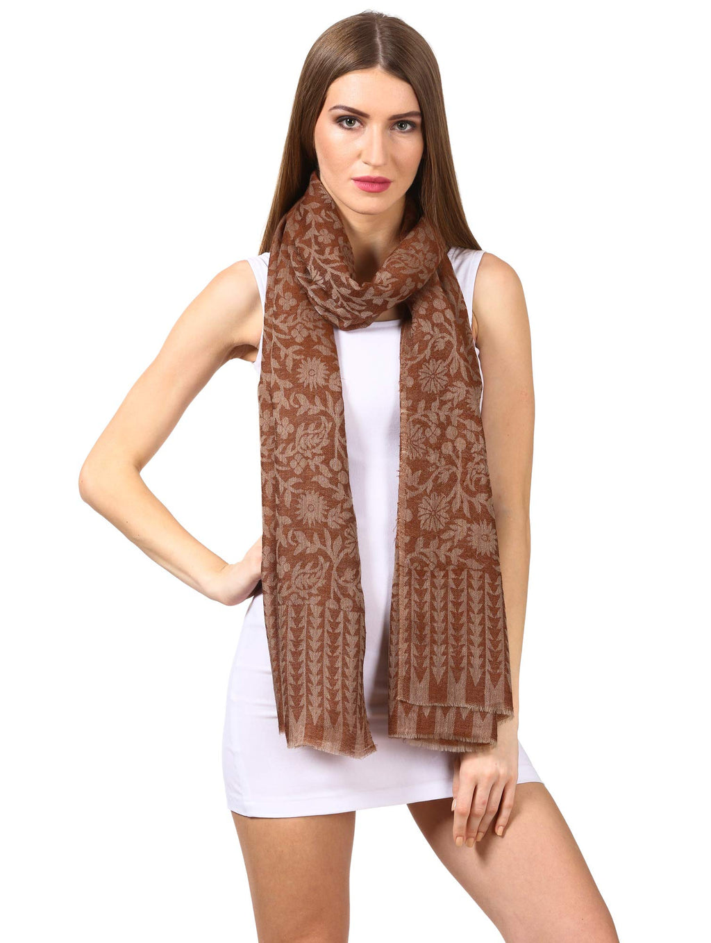 Pashtush Women's Woolen Floral Scarf, Colour Brown Espresso, Free Size