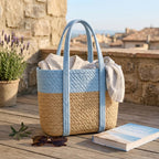 Loom & Luster Handwoven Jute Tote Bag Dual Tone Summer Shoulder Bag | Lightweight Eco-Friendly Handbag for girls and woman (Beige & Blue)