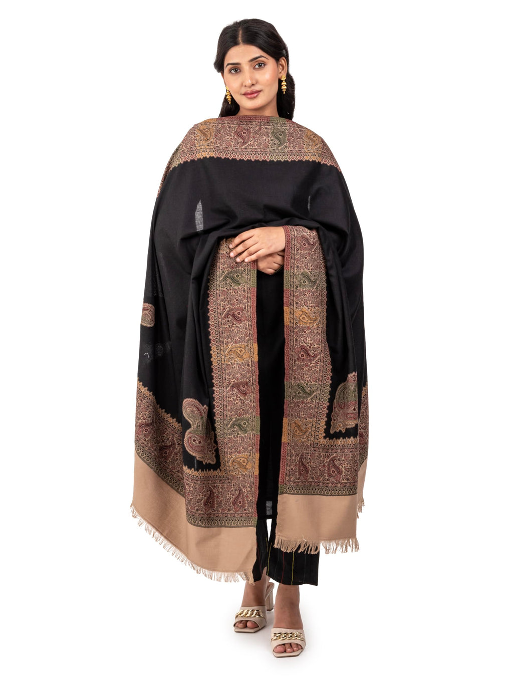 Naureen Women Faux Pashmina Kani Shawl with Contrast Palla, Warm and Soft, 40x80 inch (Black)
