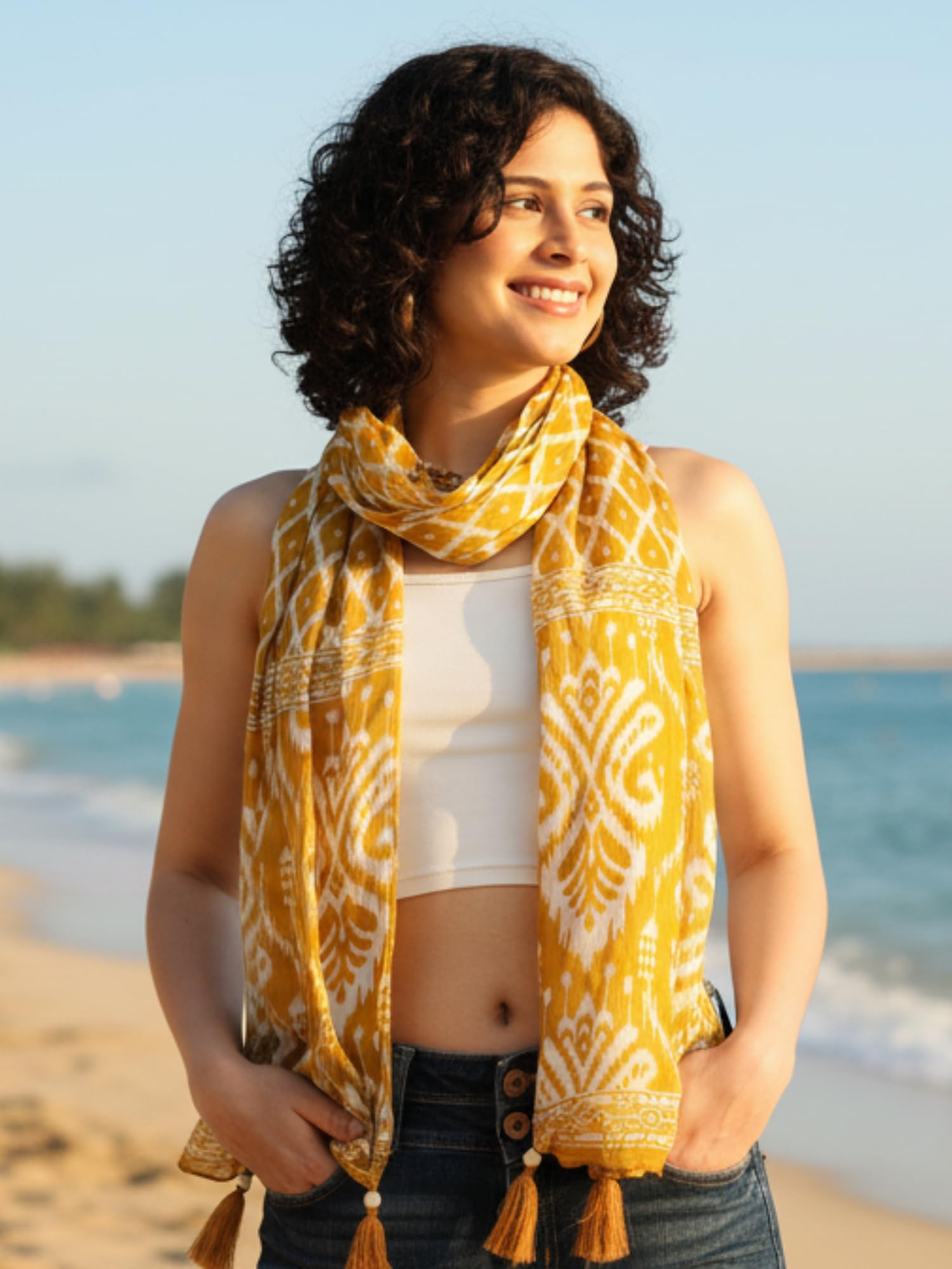 KE KANHA EXPORTS Scarf for Women Premium Cotton Boho | Dual Tone Border Print Stole with Tassels | Lightweight Summer Beach Wrap 180 x 50 cm (Golden Mustard Ikat)
