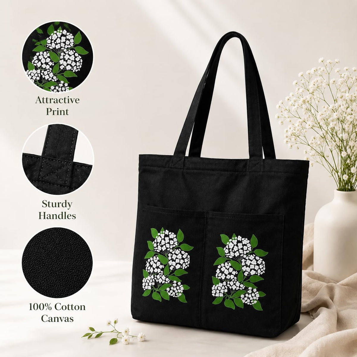 Suryatra Elderblossom Canvas Tote Bag for Women & Men | Premium Cotton Canvas Shoulder Bag with Dual Front Pockets | Tote Bag for Office, College, Shopping & Travel | Black | 14 x 16 Inches