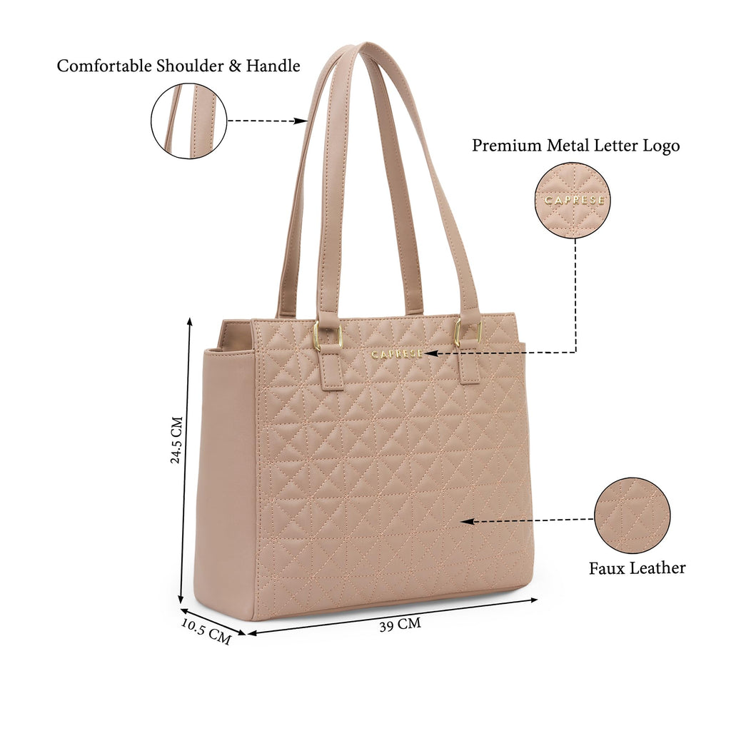 Caprese Shine Medium Tote Bag for Women | Quilted Faux Leather Shoulder Handbag with Multi-Compartments & Zipper Closure | Fits Up to 15 Inch Laptop | Stylish Work, Travel & Everyday Bag (Dark Pink)