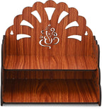 FLYUP Wooden Mandir for Home Pooja | Wall & Tabletop Temple with Ganesh Sunray Cutout | Solid Wood Finish Home Temple with Storage Shelf (Ganesh Sunray)