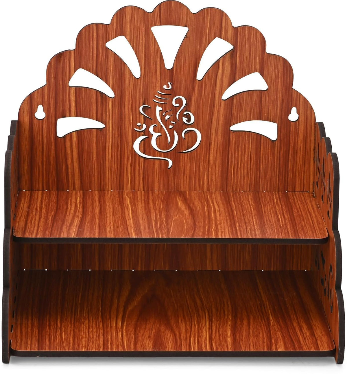 FLYUP Wooden Mandir for Home Pooja | Wall & Tabletop Temple with Ganesh Sunray Cutout | Solid Wood Finish Home Temple with Storage Shelf (Ganesh Sunray)
