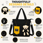 BROGBUS Canvas Tote Bag for Women with Teddy Bear Charm, 3-Way Convertible Crossbody Shoulder Handbag, Adjustable Sling Strap, Zipper Closure, College Travel Shopping Bag, Black, 34 x 33 cm