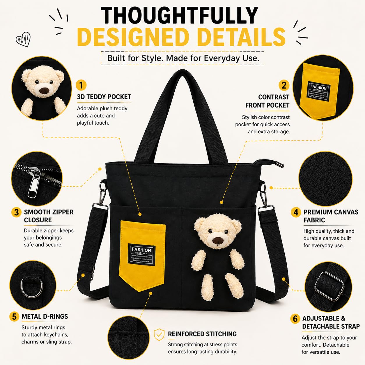 BROGBUS Canvas Tote Bag for Women with Teddy Bear Charm, 3-Way Convertible Crossbody Shoulder Handbag, Adjustable Sling Strap, Zipper Closure, College Travel Shopping Bag, Black, 34 x 33 cm