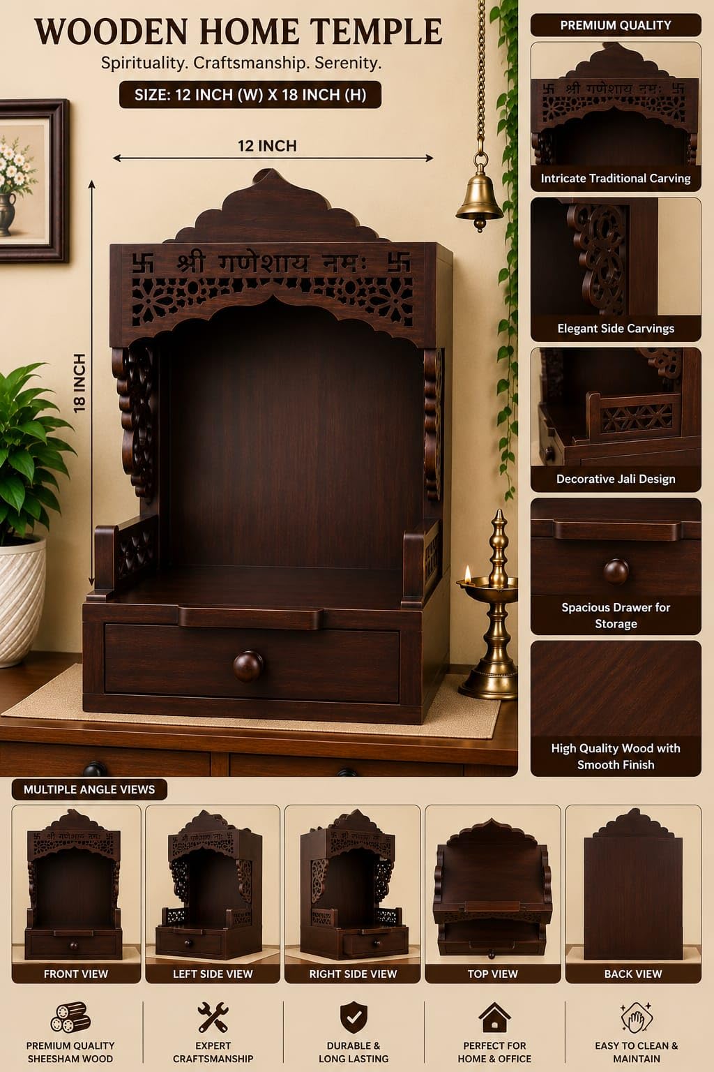 Wooden Pooja Mandir with Drawer, Shri Ganeshay Namah Carved Size 18x12