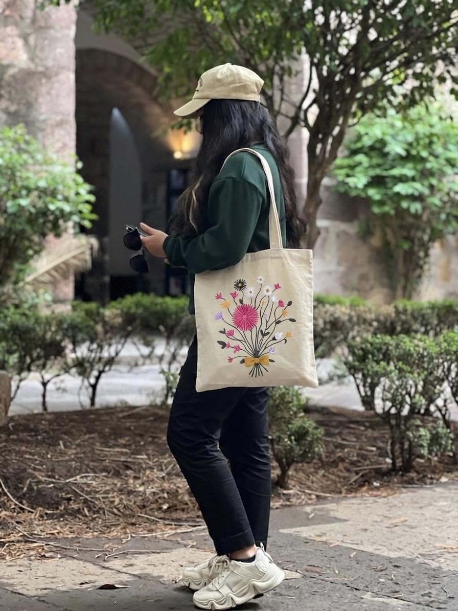 MASQ Premium ToteBag for Women with Zipper | Embroidered Foldable Shoulder Bag with Multiple Pockets | Spacious Handbag for College & Office | Eco-Friendly & Reusable (Tote_Bag_Bouquet)