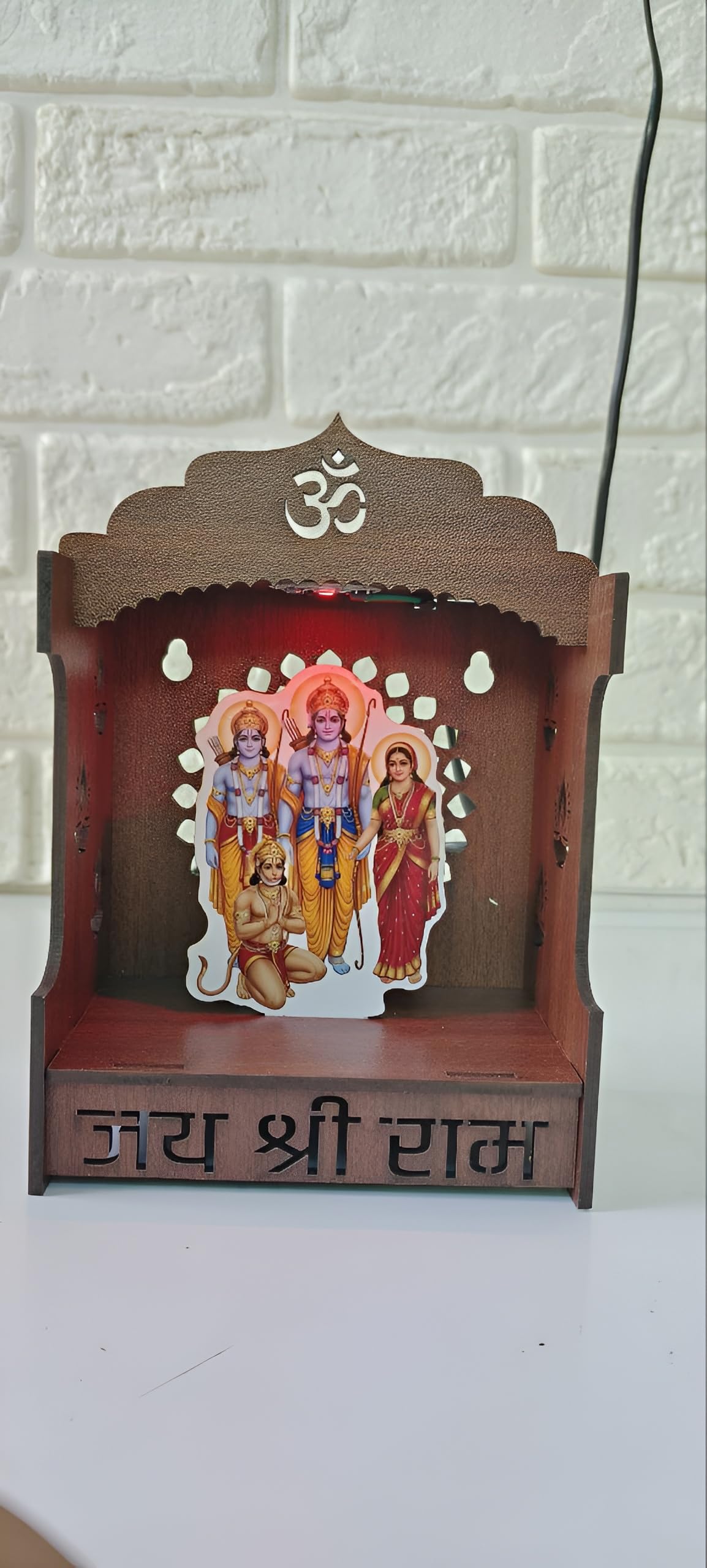 LightingKart Premium Wooden Temple for Home | Customizable Pooja Mandir with LED Light | Small Wooden Mandir for Office Desk, Wall & Gifting (12.7×11.43×7.62 cm)
