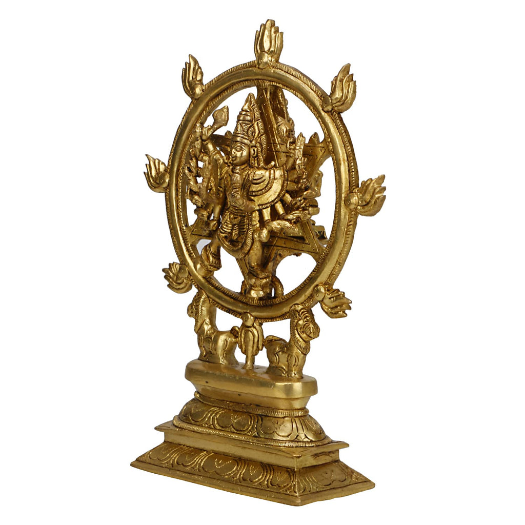 ARTVARKO™ Sudarshan Lord Vishnu16 Arms Statue as Sudarshana and Narsimha Other Side Brass Statue Murti Idol Religious Showpiece 9.5 Inch