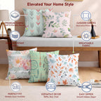 STITCHNEST Set of 5 Pastel Leaf Serenity Collection Printed Jute Cushion Covers 16x16 Inches | Decorative Throw Pillow Covers for Sofa, Living Room, Bedroom | Perfect for Home Decor