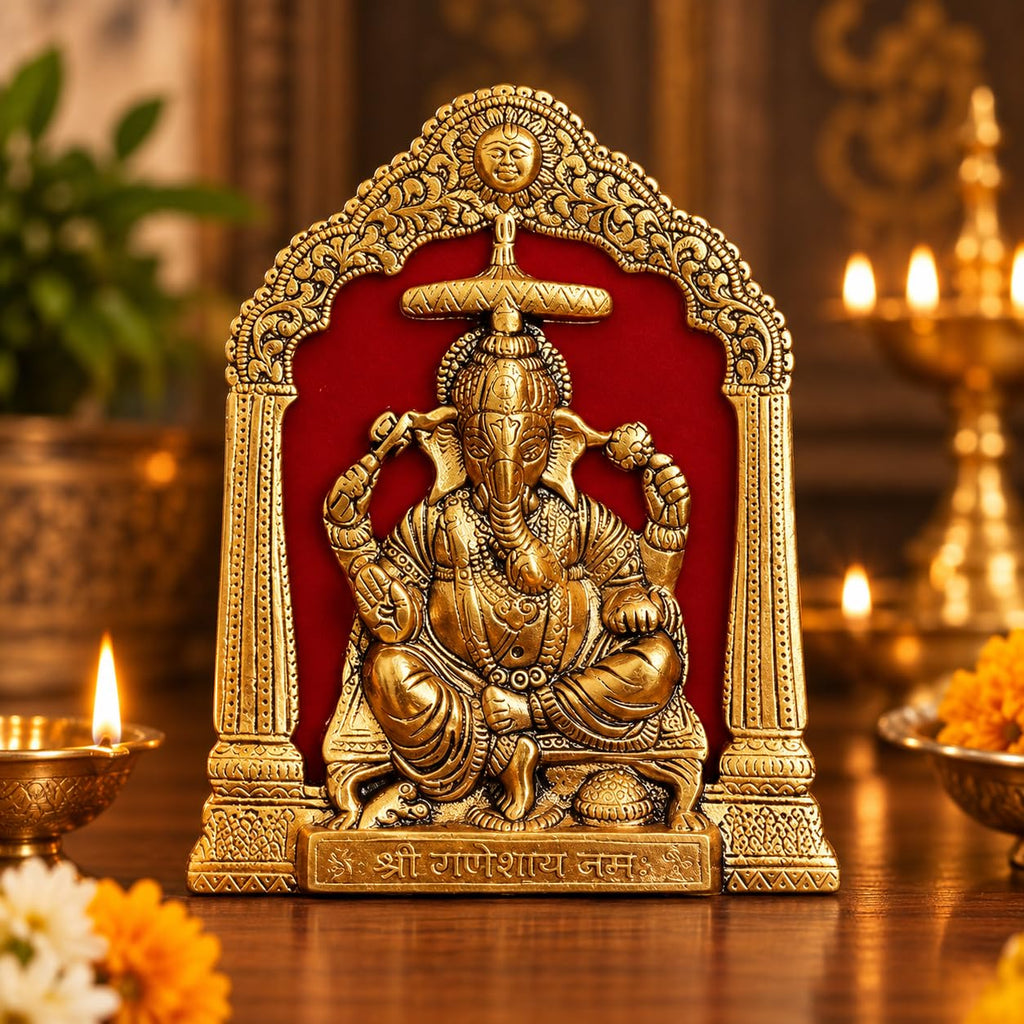 KridayKraft Metal Ganesha ji statue in woodan frem,Ganpati Wall Hanging Sculpture Idol and table top Your Home, Office,Religious Gift Article Decorative,Showpiece Figurines