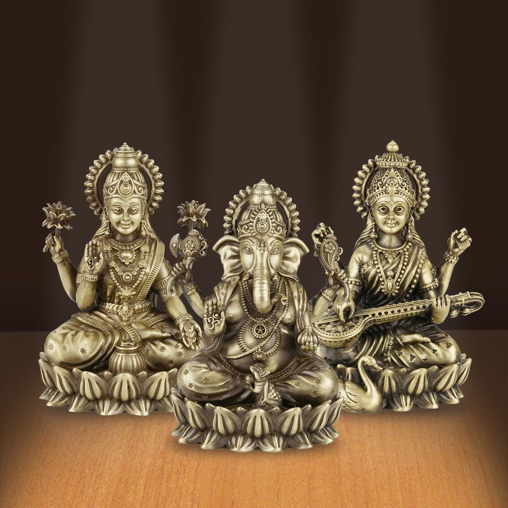Shilpkala 5 Inch Ganesh, Laxmi & Saraswati Ji Brass Idol (Statue, Murti) for Table, Home & Office Decor, Worship & Gift