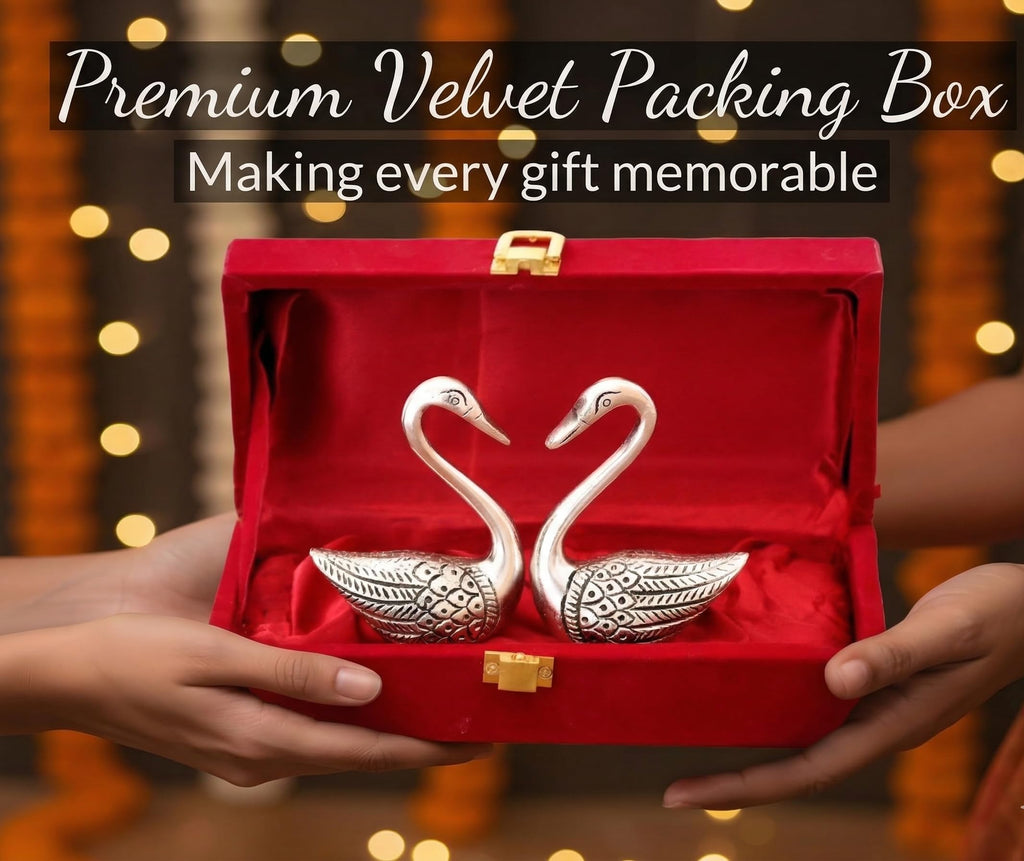 KridayKraft Handcrafted Silver Finish Metal Swan Pair in Premium Red Velvet Gift Box | Decorative Love Birds Showpiece for Anniversary, Wedding, Birthday, and Valentine's Day.