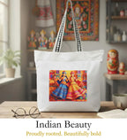 WOTM On The Move Tote | Premium Printed Cotton Canvas Tote Bag with Zipper & Inside Pocket, Stylish Everyday Travel Bag for Work, College, Office, Travel, Shopping (Indian Beauty)