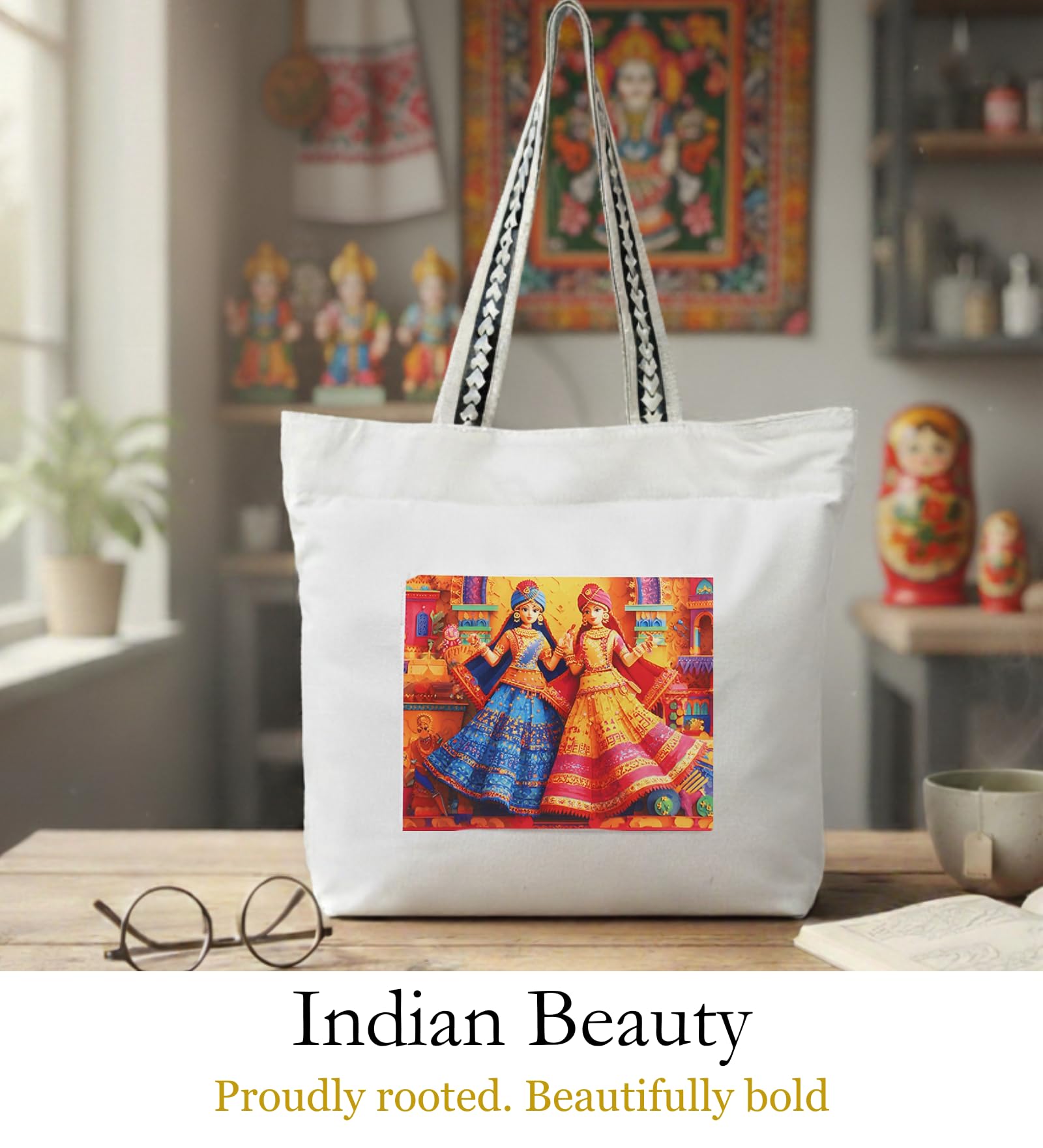 WOTM On The Move Tote | Premium Printed Cotton Canvas Tote Bag with Zipper & Inside Pocket, Stylish Everyday Travel Bag for Work, College, Office, Travel, Shopping (Indian Beauty)