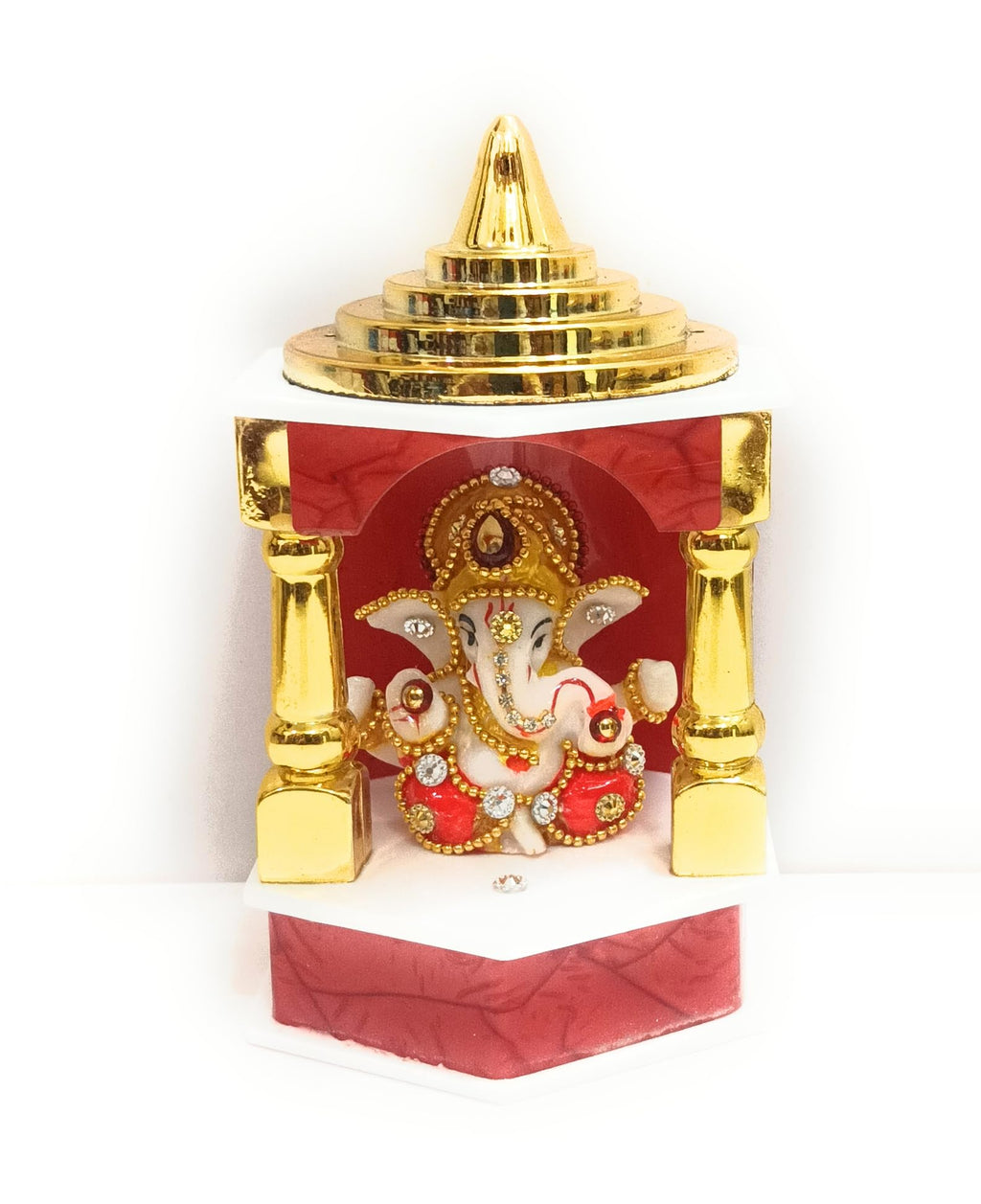 Decorative Lord Ganesha Temple Shrine with Gold-Coloured Pillars and Dome, Red and White, Marble Look