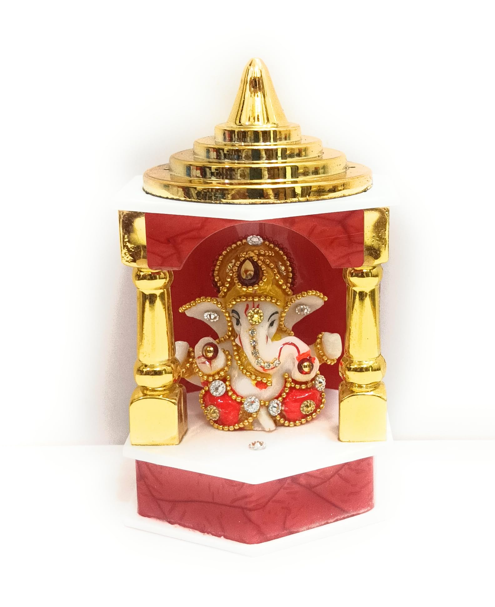 Decorative Lord Ganesha Temple Shrine with Gold-Coloured Pillars and Dome, Red and White, Marble Look