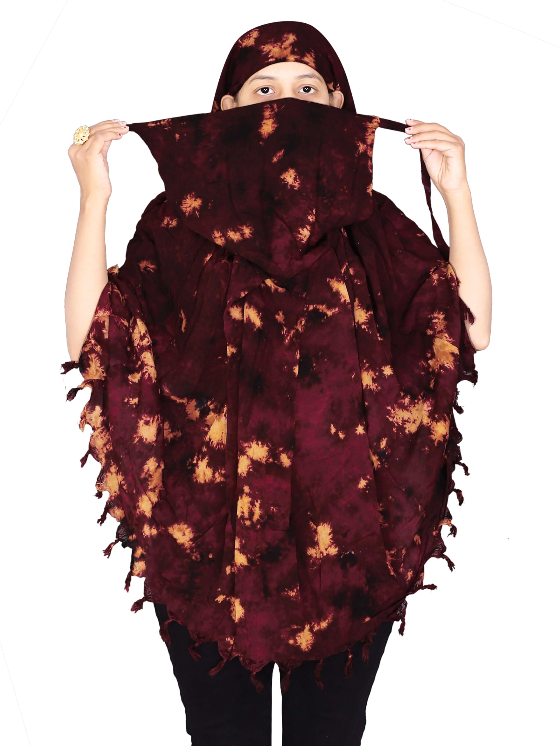 Tie-Dye Niqab Scarf with Face Cover, Navy Blue and Orange Pattern, Traditional Summer,Use for woman's (MAROON, STANDARD)