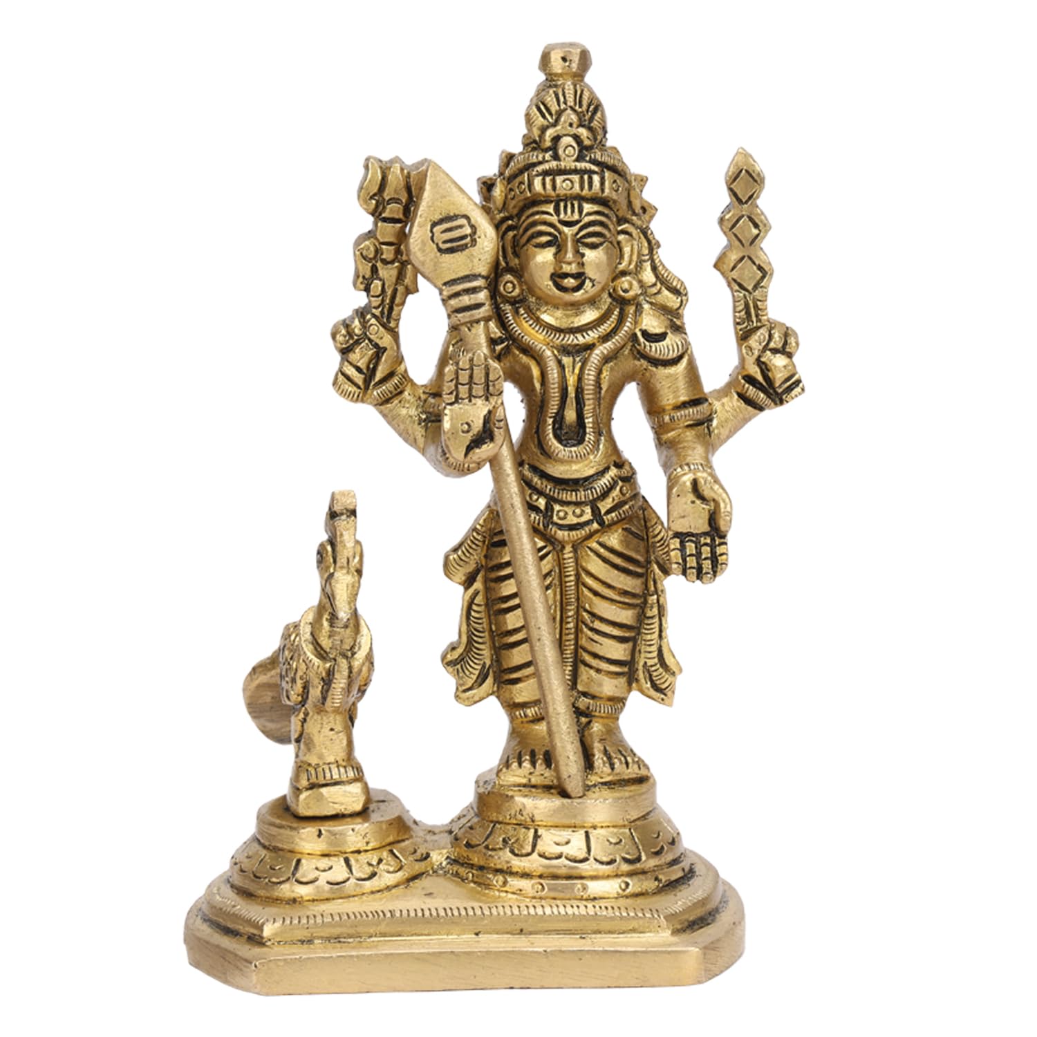 ARTVARKO Lord Murugan Kartikeya Murugana Kumaraswamy Karthikeya with Peacock Brass Idol Swaminatha Skanda Swami Ji murti 5 Inch