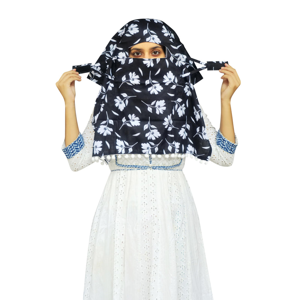 Switchon Scarf Hijab Rayon Printed fancy scarf for women Size Adjustable -Hook loop tape- For 10 yrs and above (Black_Multi1)
