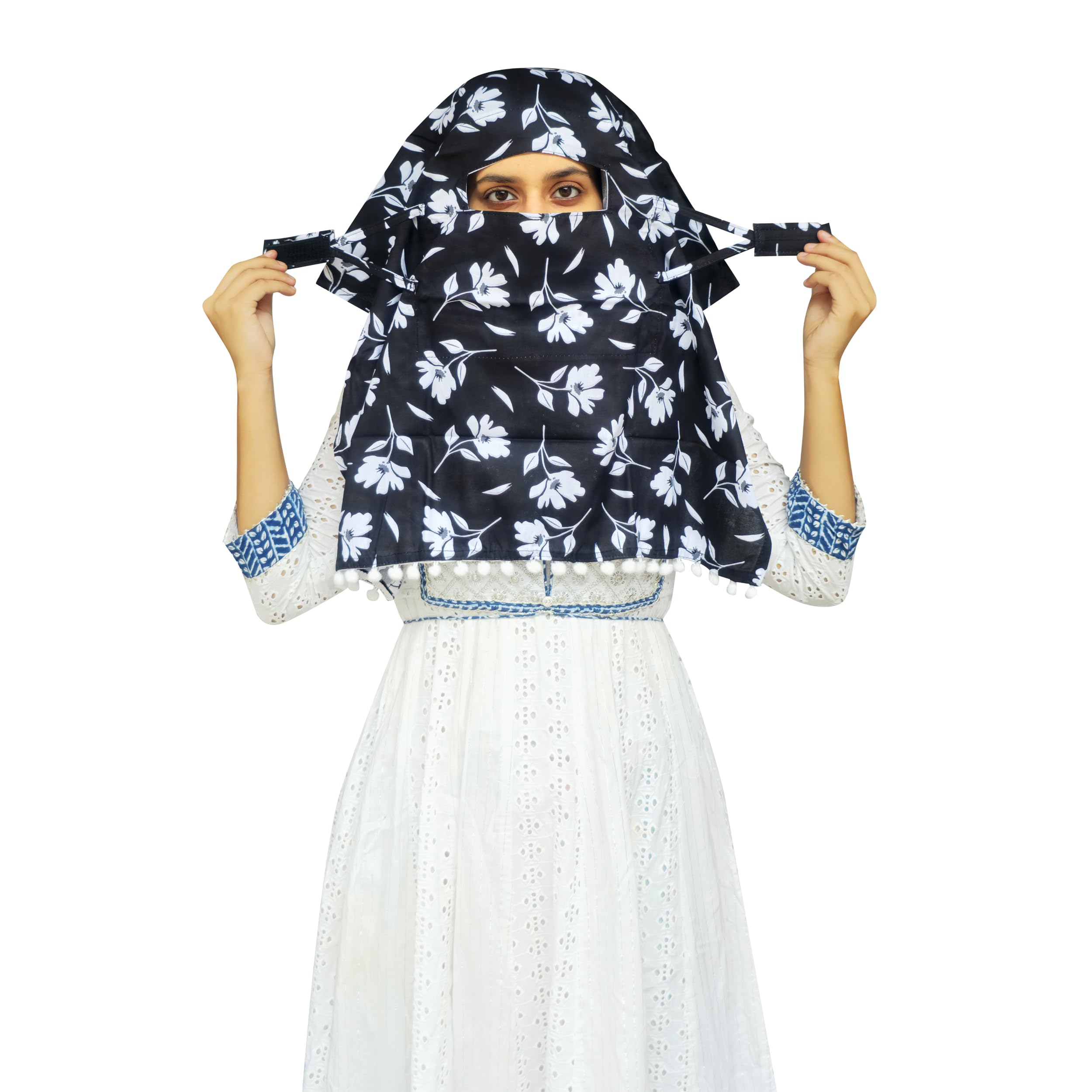 Switchon Scarf Hijab Rayon Printed fancy scarf for women Size Adjustable -Hook loop tape- For 10 yrs and above (Black_Multi1)