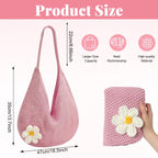 PALAY® Crochet Bags for Women Stylish Pink Mesh Straw Tote Bag with Flower Brooch Summer Vacation Knitted Beach Handbag for Woman