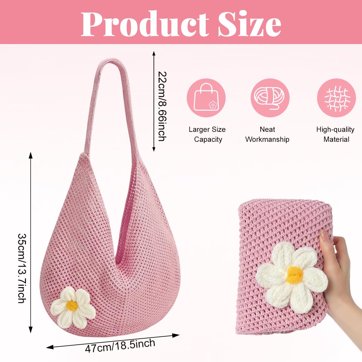 PALAY® Crochet Bags for Women Stylish Pink Mesh Straw Tote Bag with Flower Brooch Summer Vacation Knitted Beach Handbag for Woman