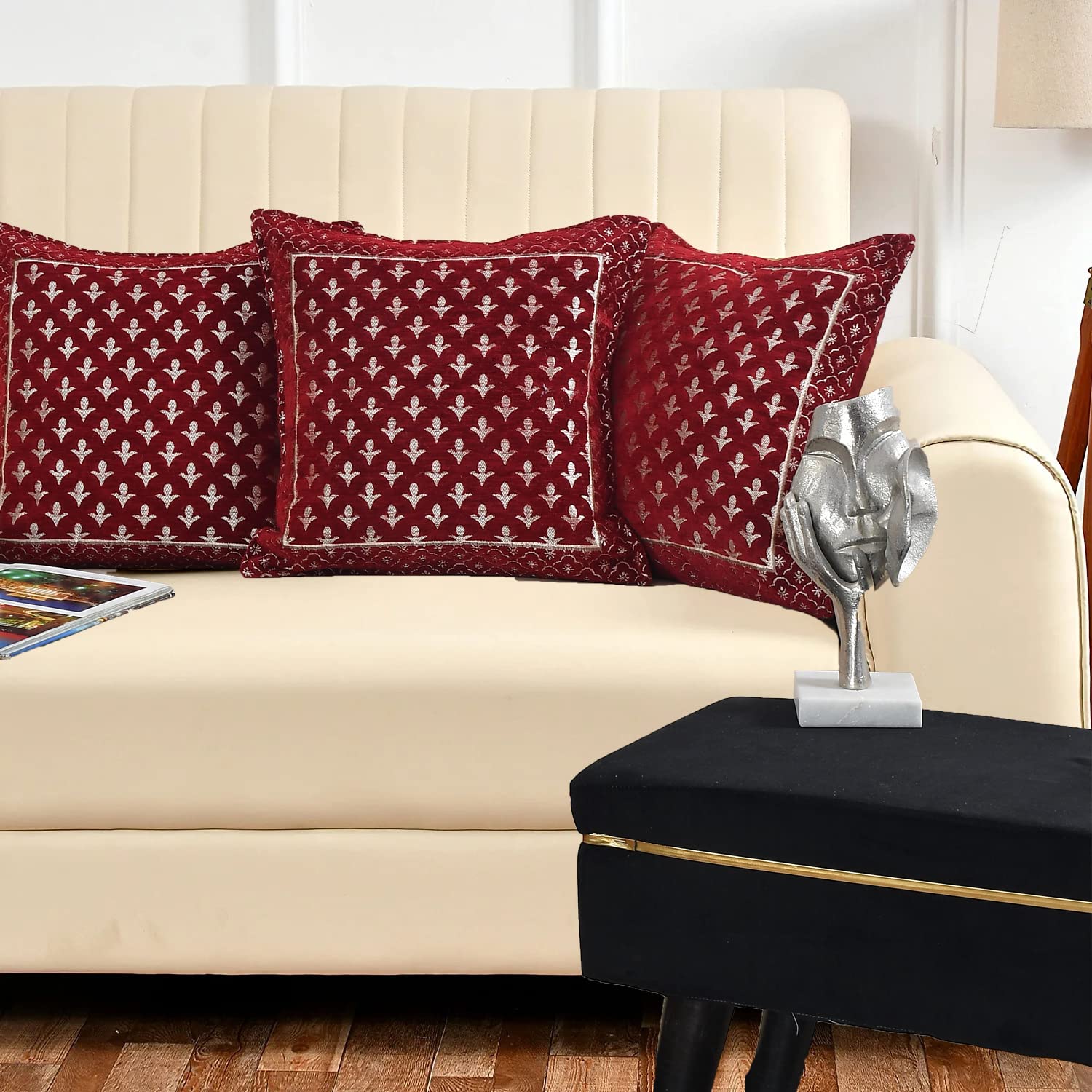 DECOMIZER Jacquard Geomteric Cushion Covers 16 Inch X 16 Inch Set Of 3 Ethnic Motifs 240 TC Cushion Covers,Design- Star,Color- Maroon