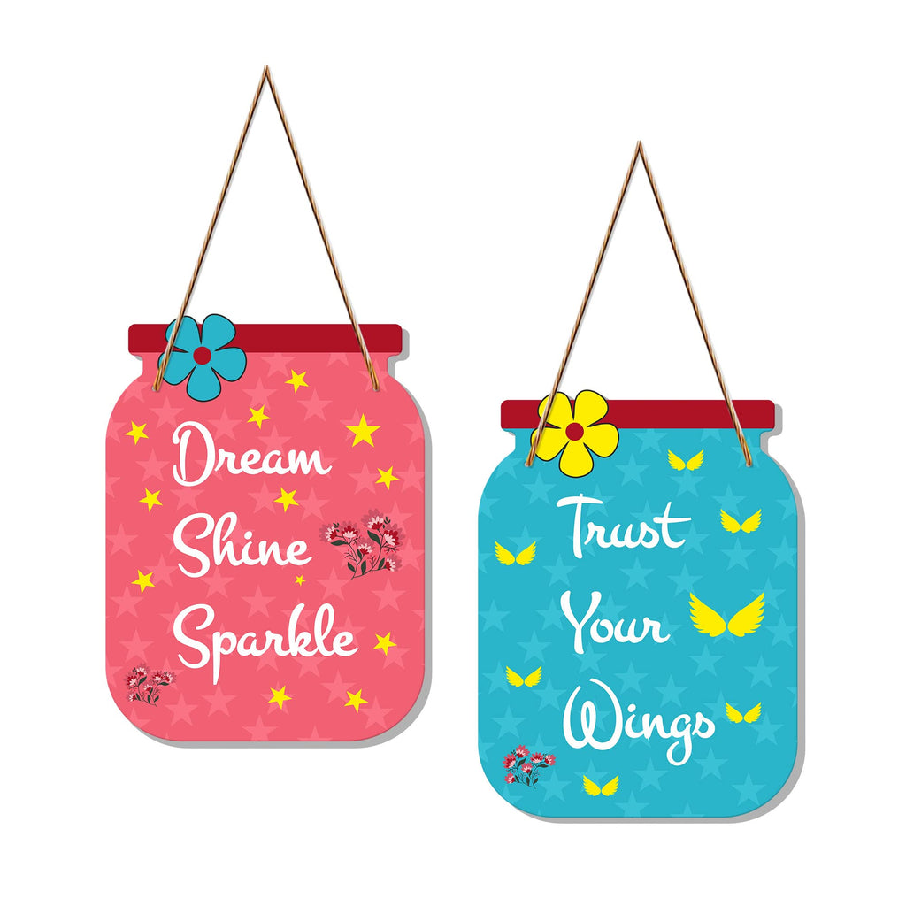 Artvibes Dream Shine Sparkle Quote Printed Wooden Wall Hanging | Quotes Decor Item | Motivational Wall Decor | Wall Poster | Graphic Art | Gift Items | Office Wall Decoration Item (WH_6804N), Set of 2