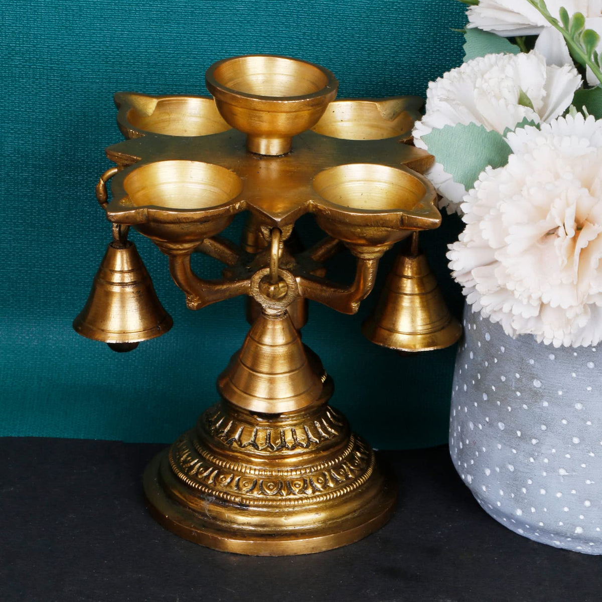 ARTVARKO Diya with Bell Designer Traditional Brass Handmade Table Décor with Stand for Home Diwali Gift Temple Pooja Height 5 Inch