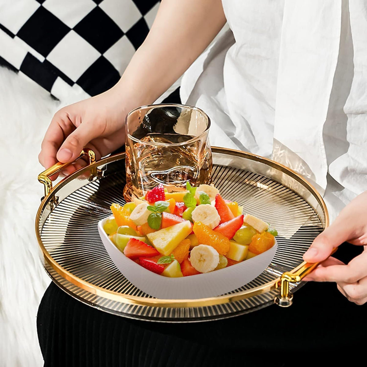 Clefairy Round Serving Tray with Golden Handles and Golden Rim Border, Decorative Plastic Serving Tray for Living Room, Bathroom, Kitchen | Tray Decor for Party, Coffee Table