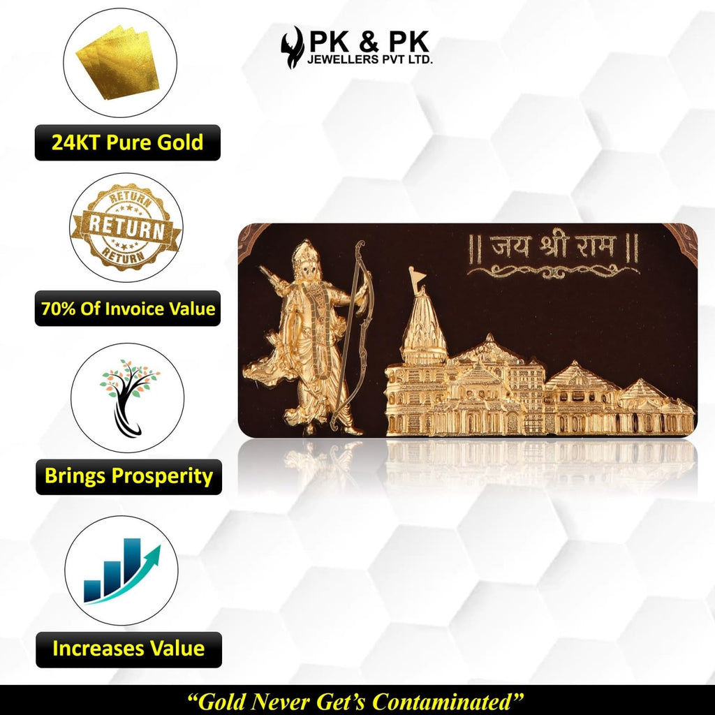 Pk & Pk Jewellers Rectangular Ayodhya Temple With Ram Ji Table Top | 24KT Gold | Tabletop Small Size [12X8 Cm] (For Premium Gift, Office Desk, Car Dashboard, Table Decoration)