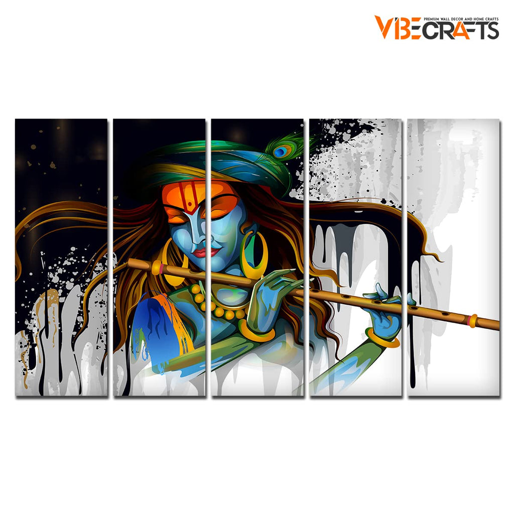 VIBECRAFTS 5 Pieces Wall Painting Shri Krishna Playing Flute For Home | Office |Living Room | Gift (PTVC5Pcs4_8506)