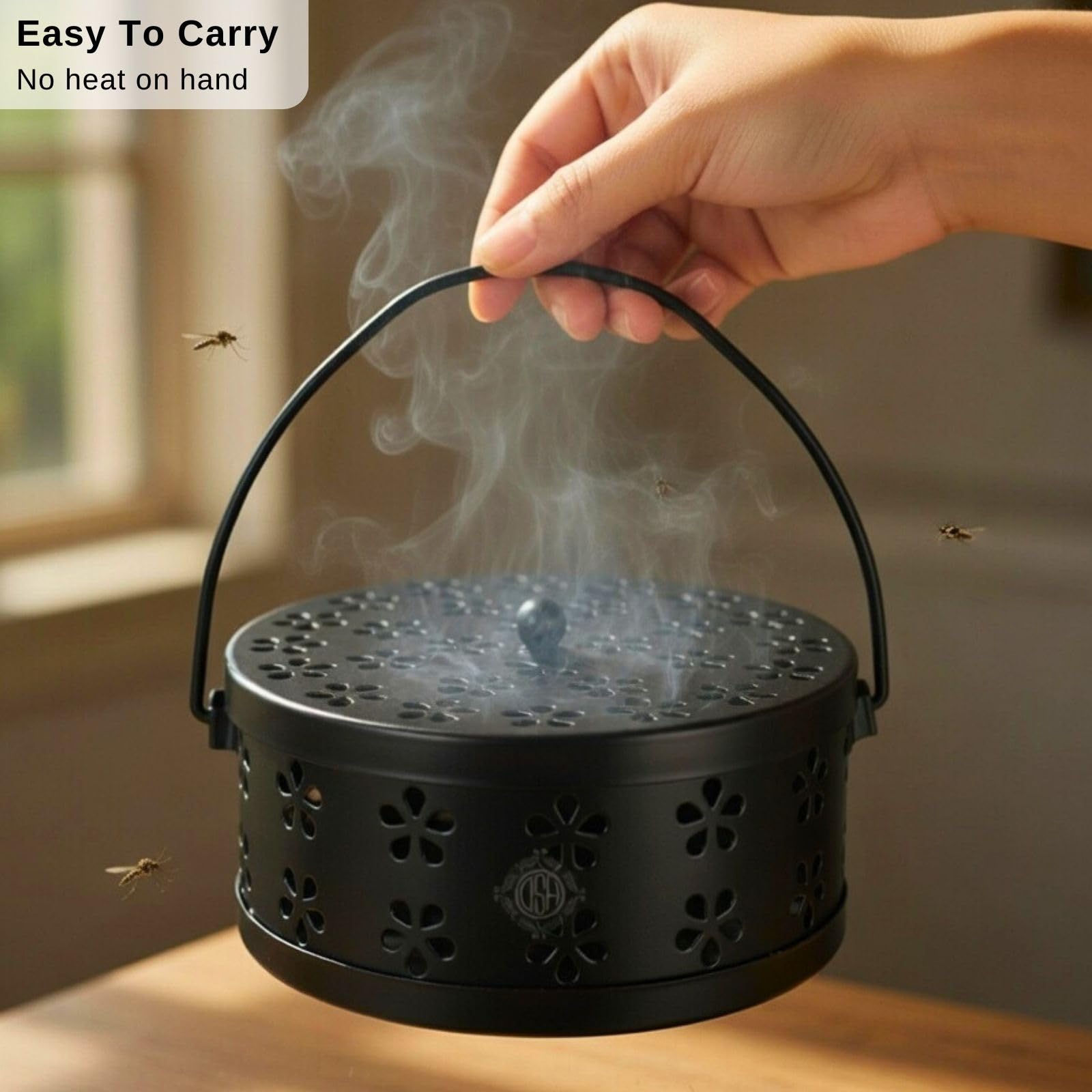 DSH Metal Mosquito Coil Holder with Lid & Handle Ash Catcher Stand for Mosquito Coil Indoor Outdoor Safe Use (Black)