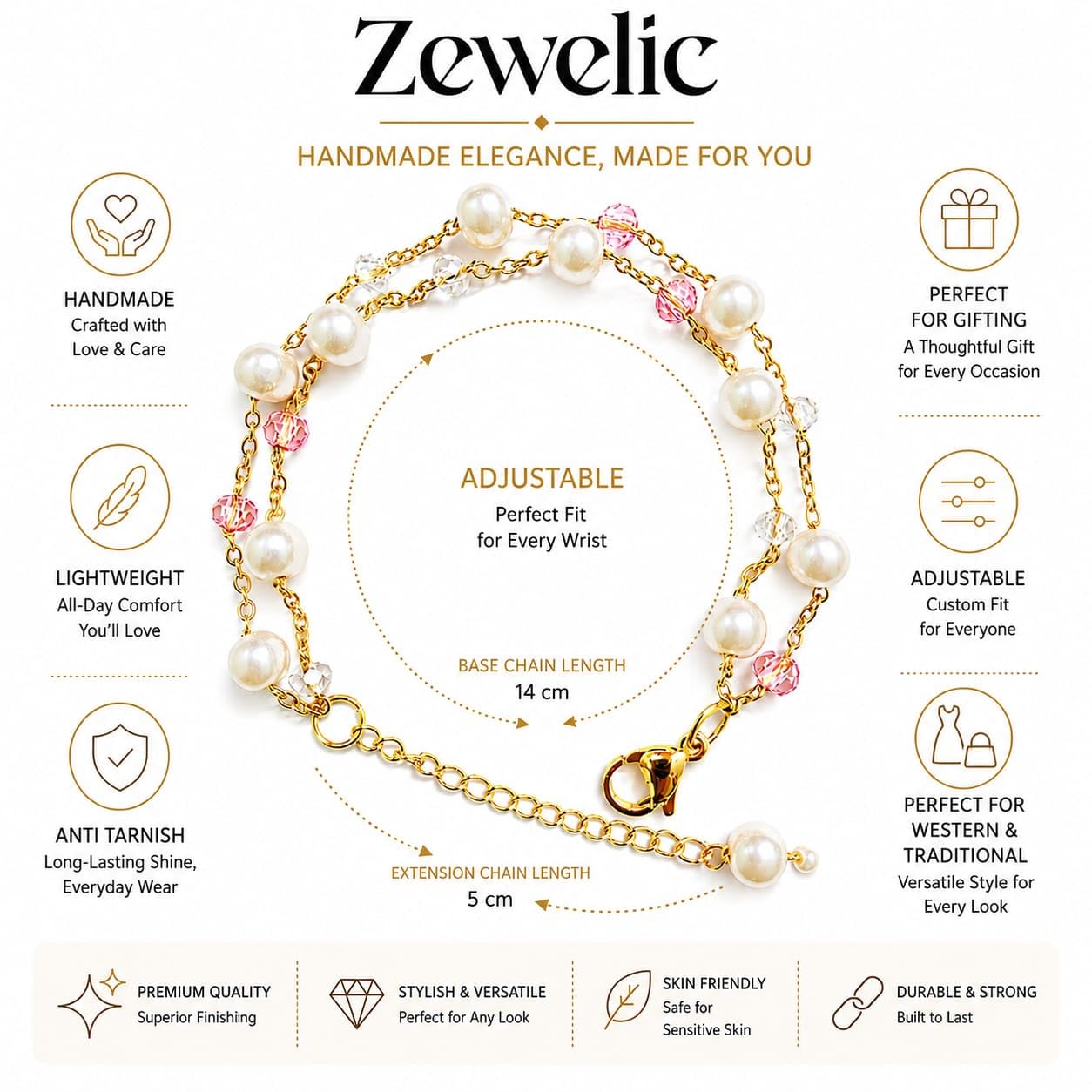 Zewelic Handmade Pearl & Pink Crystal Adjustable Bracelet for Women | White Pearl Gold Plated Anti Tarnish Lightweight Bracelet | Korean Style Jewelry | Perfect for Western & Traditional | Gift for Girls & Women