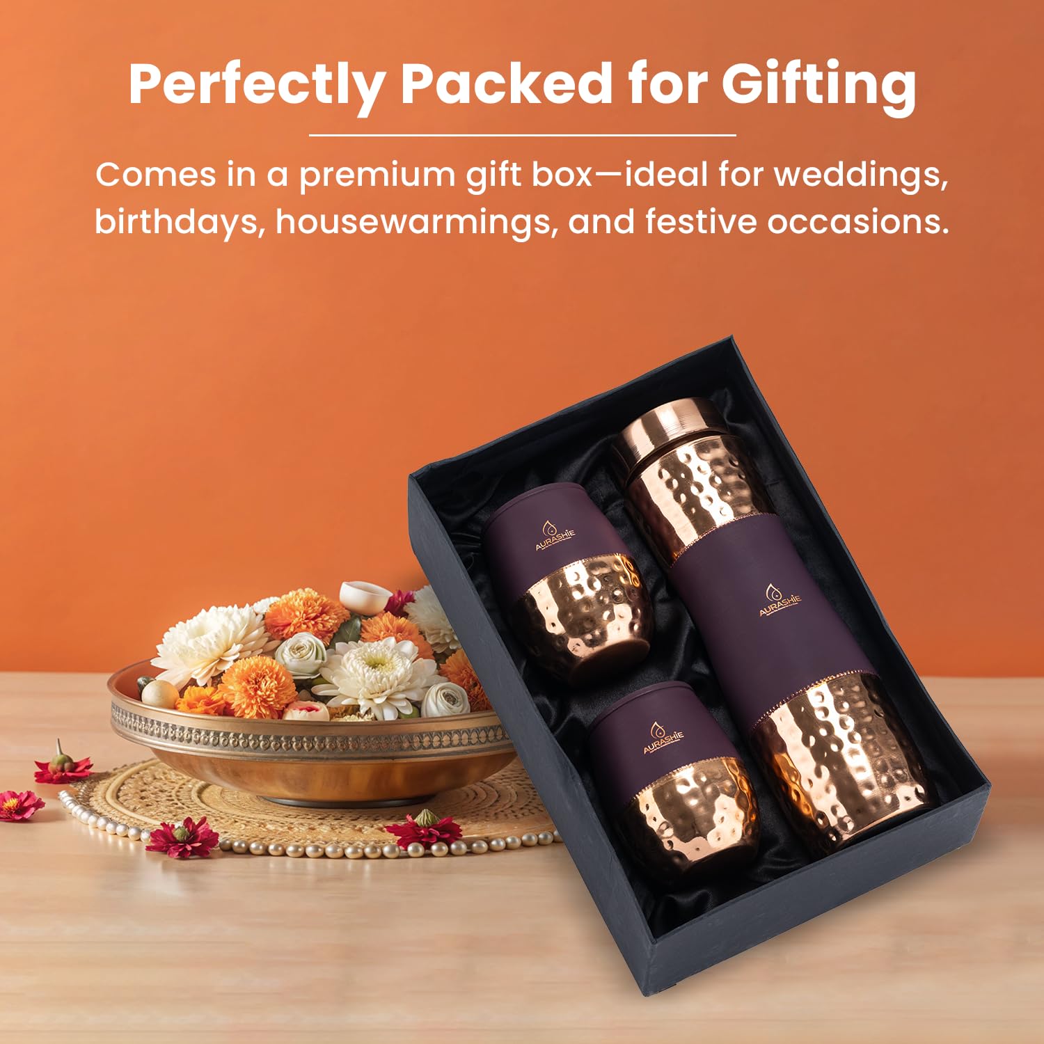 AURASHIE Pure Copper Drinkware Gift Set of 1 Bottle & 2 Glasses with Box | Pure Hammered Copper Drinkware | Gift Set for Birthday, Parties, Weddings & Festivals (Bergandi Grip Sleeve)