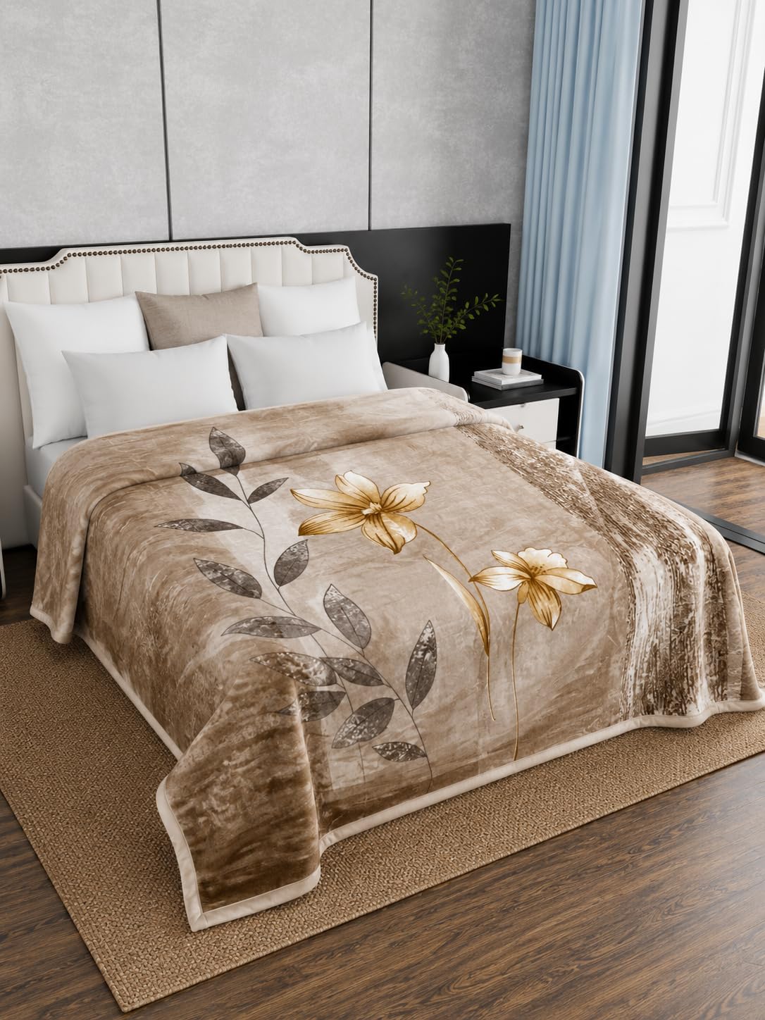 Signature All Season Double Bed Blanket | Super Soft Plush, Lightweight & Cozy | 220 x 240 cm | 2.5 kg | Multi-Color Vibrant Print | Ideal for Winter, AC Use & Gifting (Beige Botancial) Kafalo